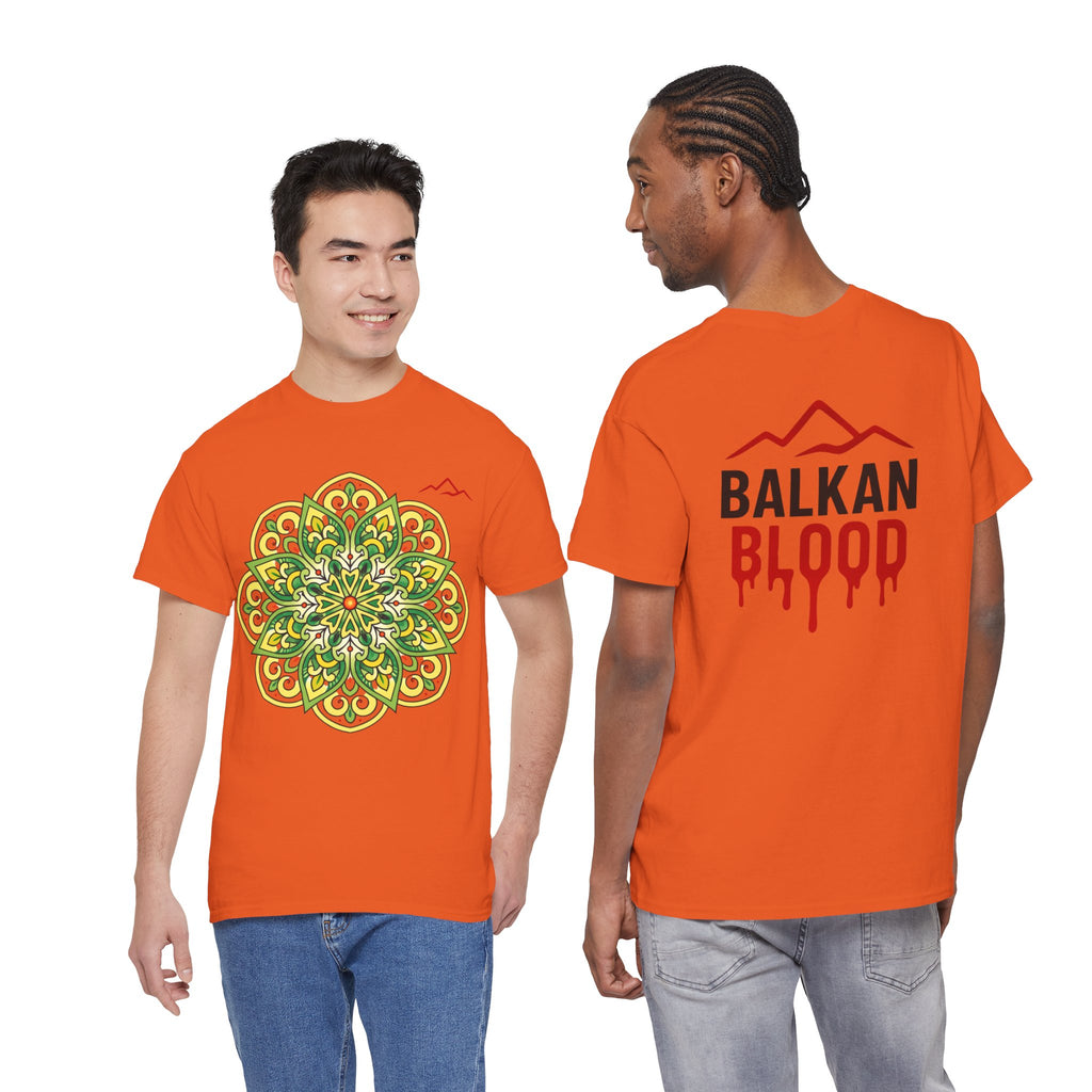Balkan Blood Graphic Tee — Green Mandala Front & Drip Logo Back
