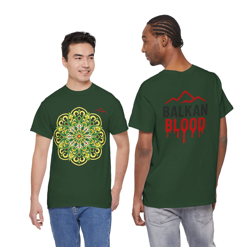 Balkan Blood Graphic Tee — Green Mandala Front & Drip Logo Back