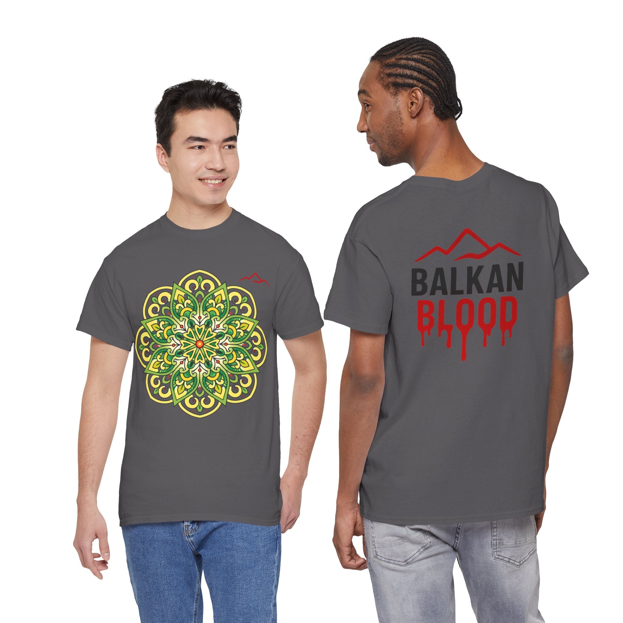 Balkan Blood Graphic Tee — Green Mandala Front & Drip Logo Back