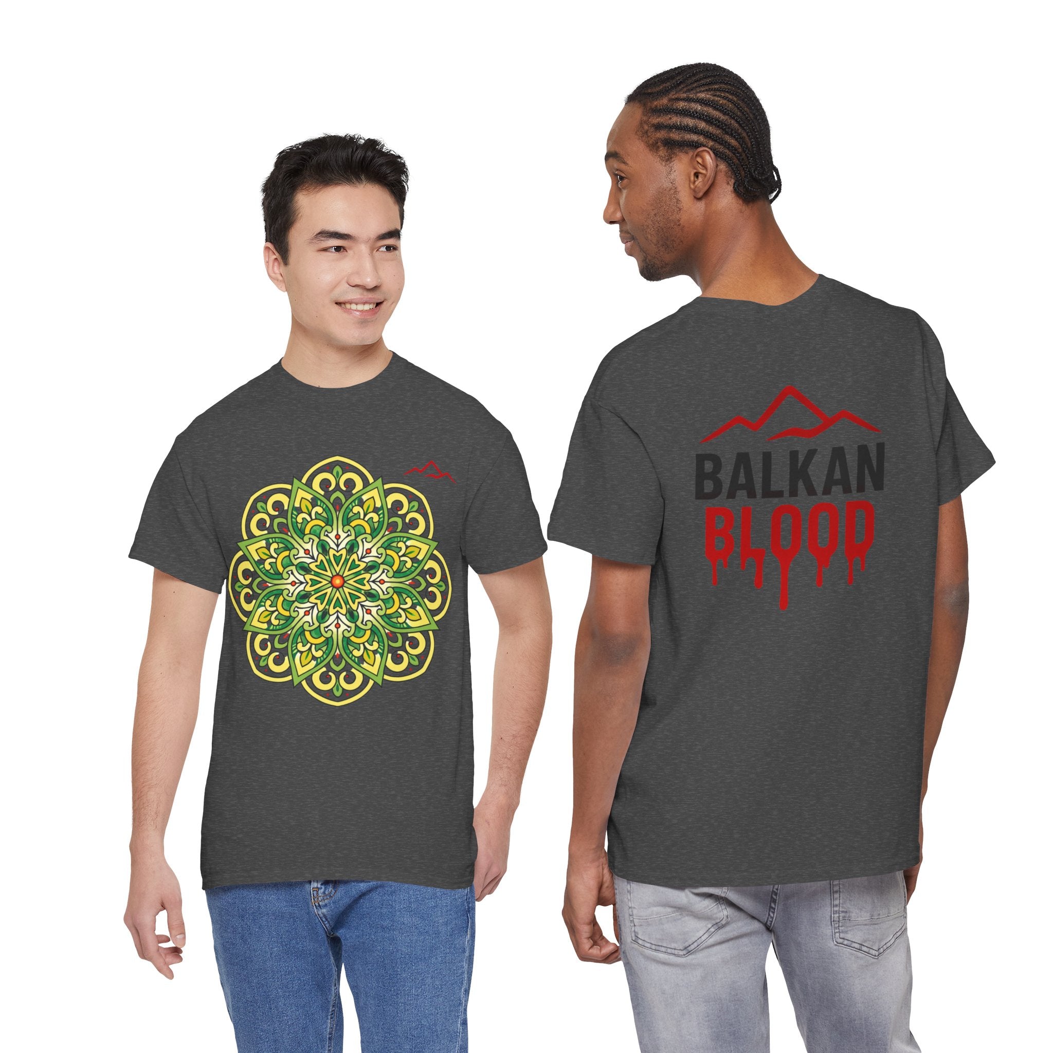 Balkan Blood Graphic Tee — Green Mandala Front & Drip Logo Back
