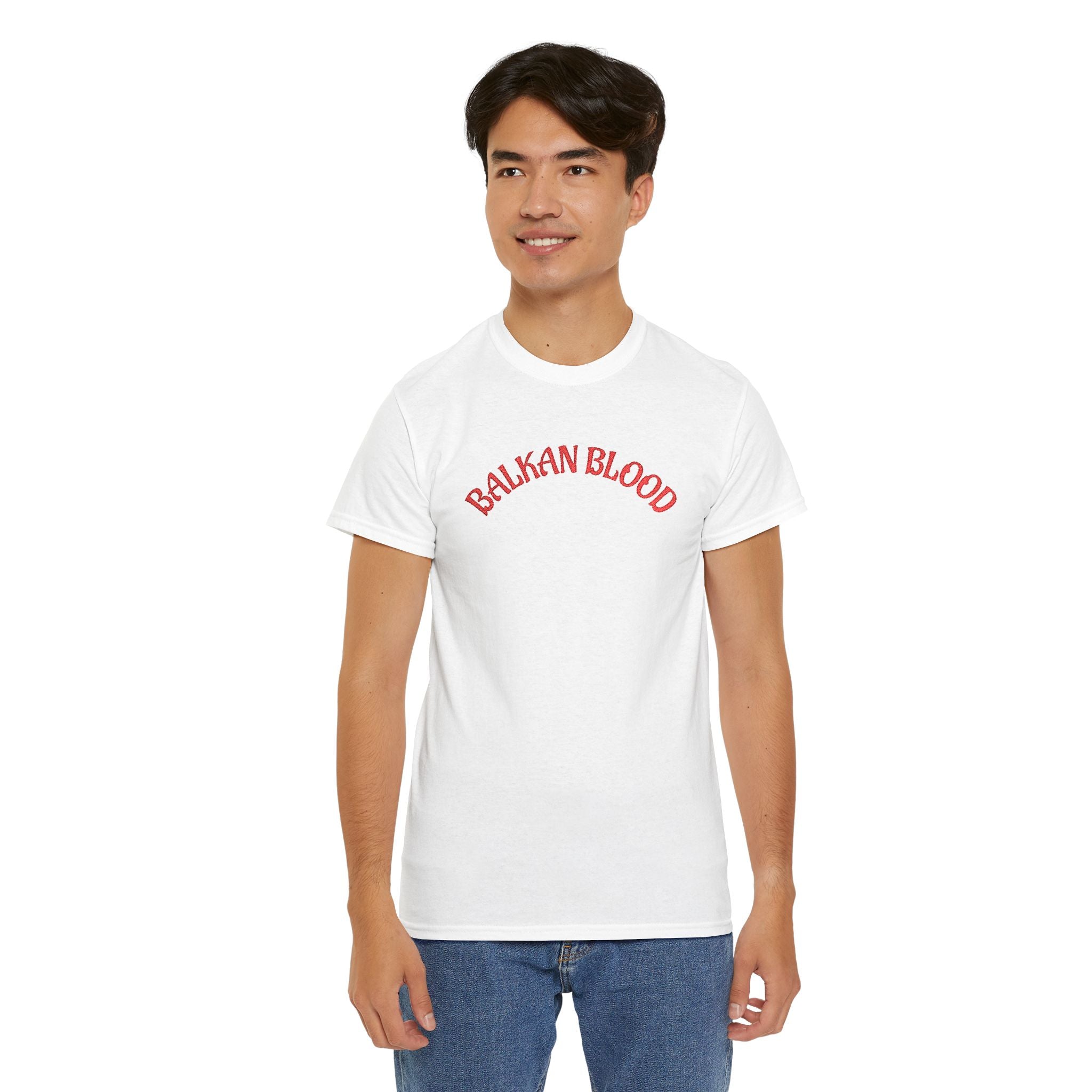 Embroidery Balkan Blood T‑Shirt — Red Arch Logo