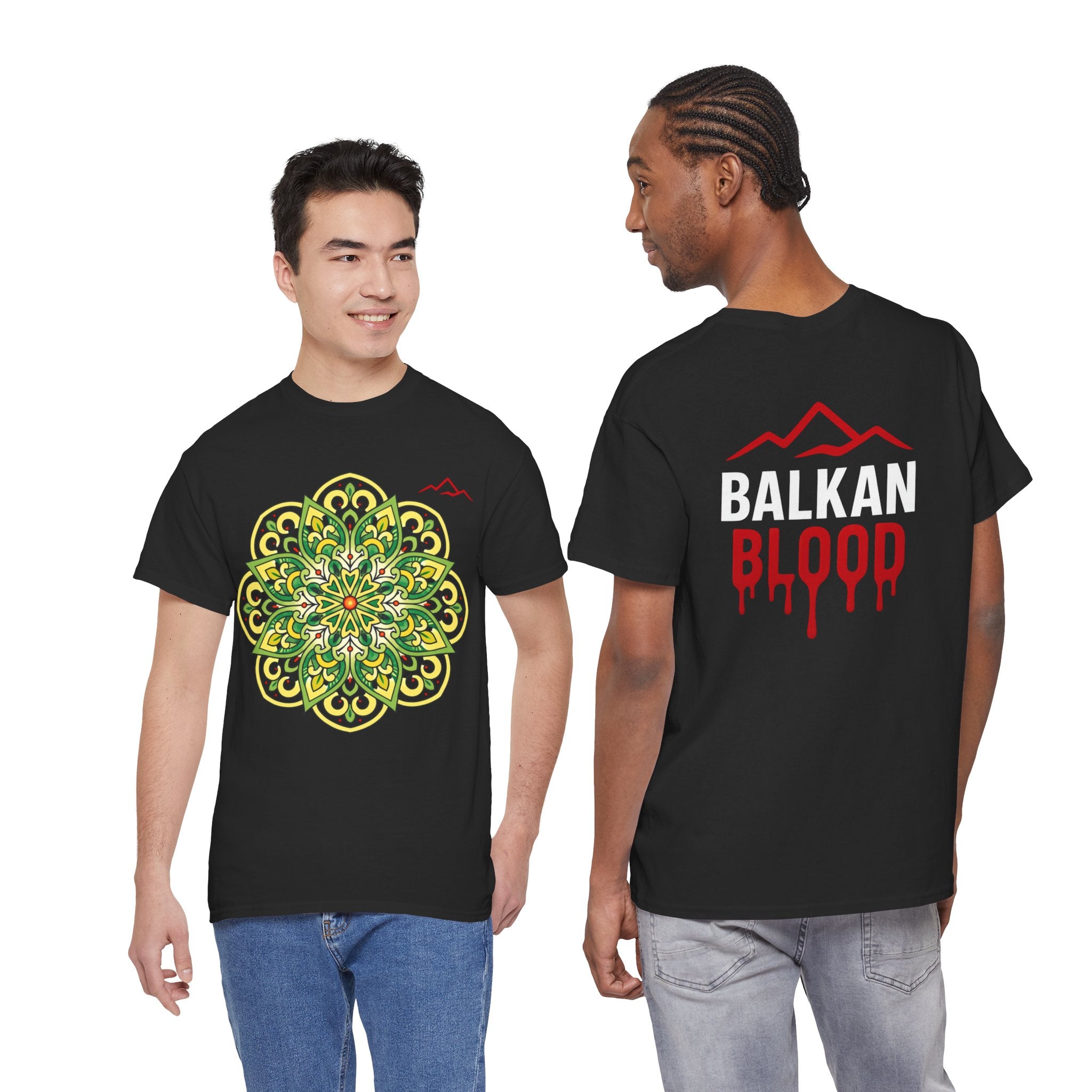 Balkan Blood Graphic Tee — Green Mandala Front & Drip Logo Back