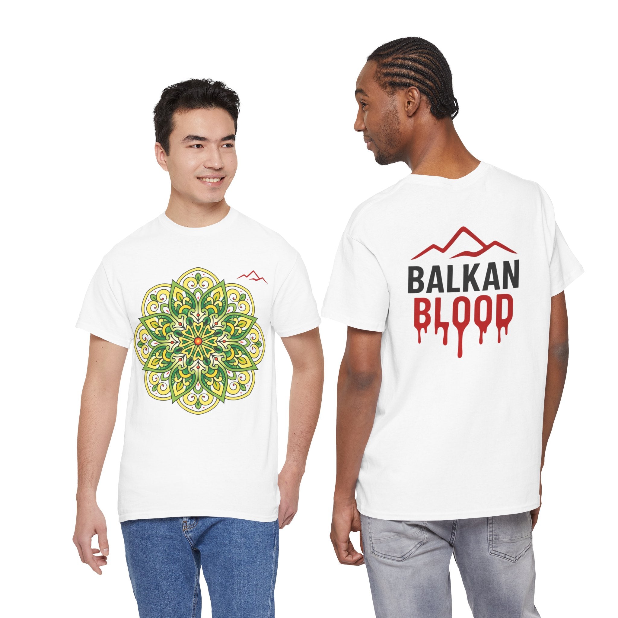 Balkan Blood Graphic Tee — Green Mandala Front & Drip Logo Back