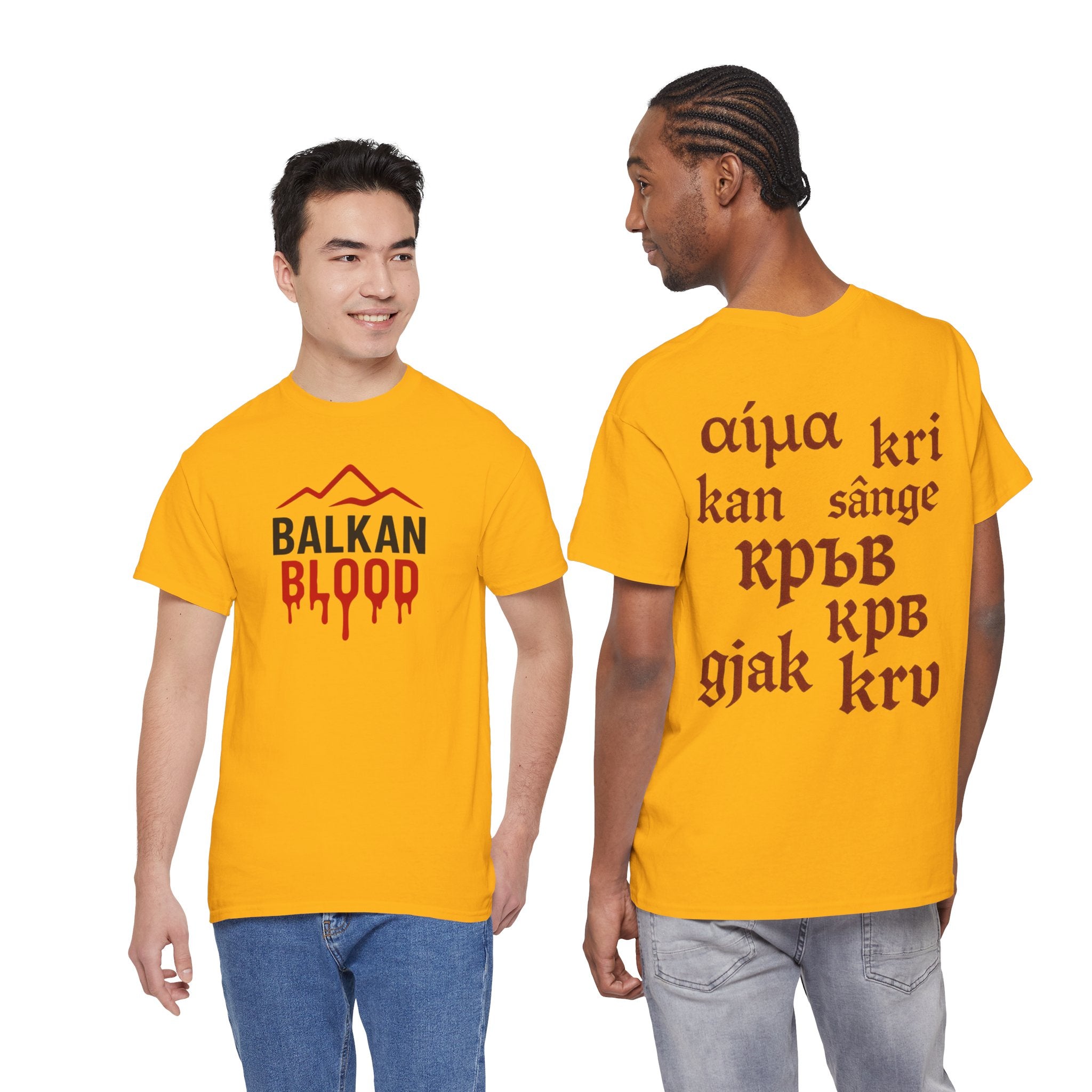 Balkan Blood T-Shirt — Heritage Graphic Tee with Multilingual “Blood” Back Print